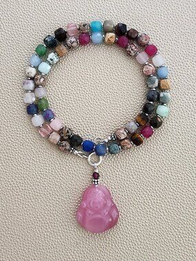 MIXED GEMSTONE NECKLACE W/ PINK HAPPY BUDDHA--18"